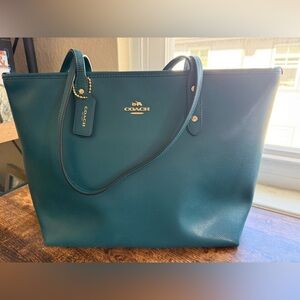 Coach Teal Leather Tote with Gold Hardware